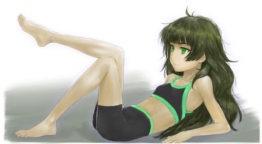 1girl ahoge arm_support armpits bangs bare_shoulders barefoot bike_shorts black_bra black_shorts blunt_bangs border bra closed_mouth collarbone eyebrows_visible_through_hair flat_chest full_body green_eyes green_hair highres hiyajou_maho long_hair looking_to_the_side menomorute messy_hair ringed_eyes shorts sidelocks simple_background solo sports_bra steins;gate steins;gate_0 tsurime underwear very_long_hair white_border