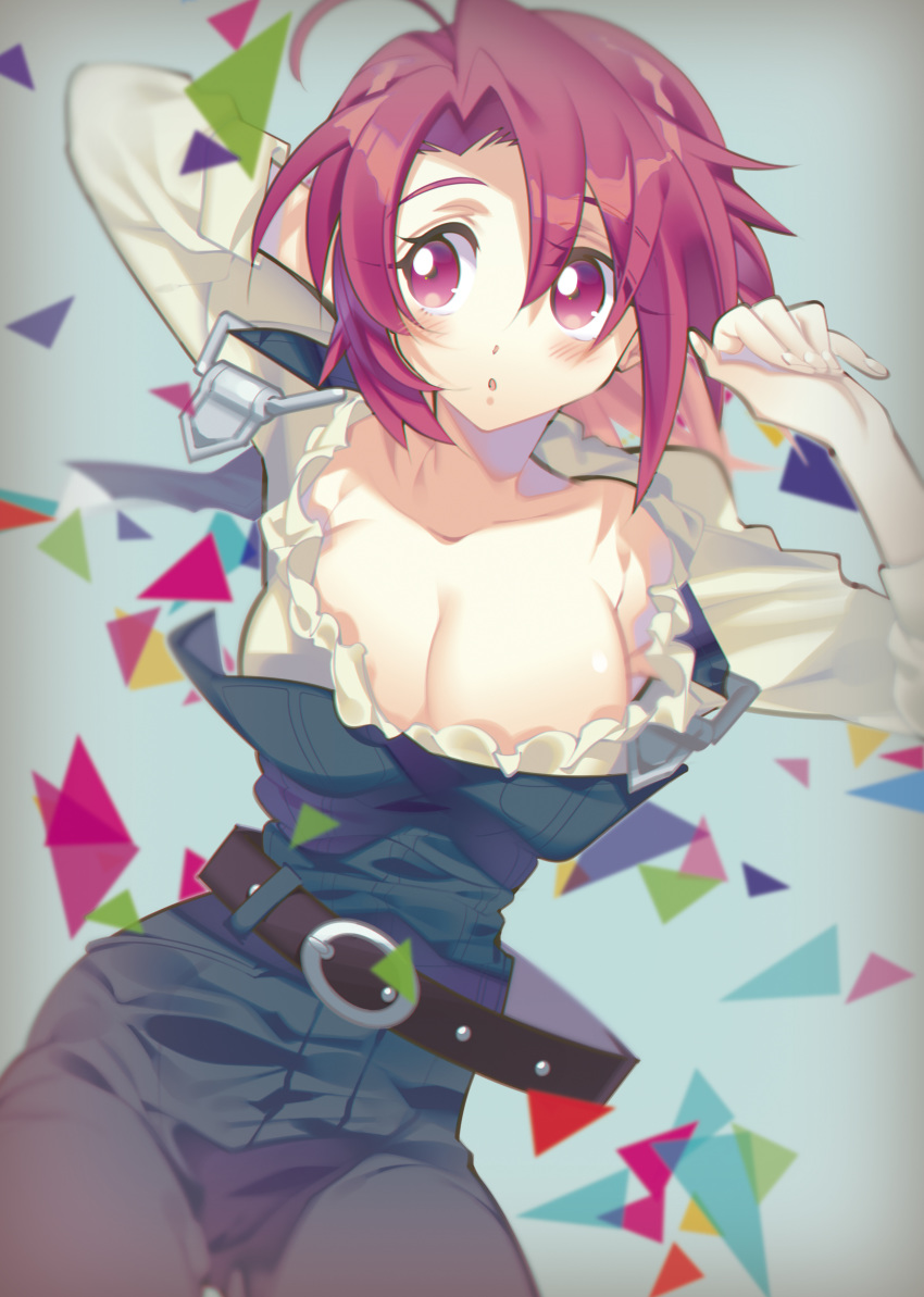 1girl absurdres belt blush breasts cleavage cow_girl_(goblin_slayer!) goblin_slayer! highres large_breasts long_hair misaka_(missa) open_mouth red_eyes red_hair short_hair solo
