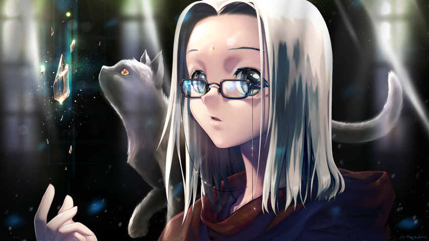 absurdres androgynous animal animal_on_shoulder blue_eyes cat crystal forehead forehead_jewel glasses highres lens_flare light_particles open_mouth original portrait rugiadian solo white_hair