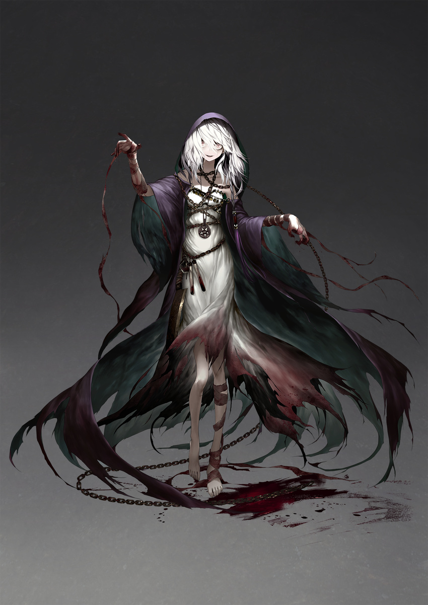 albino arm_up bandaged_arm bandaged_leg bandages bangs barefoot blood bloody_bandages bloody_clothes bloody_dress bloody_hands braid chain cinkai cloak crazy_smile dress full_body gradient gradient_background grey_background grey_eyes hair_over_eyes hair_over_shoulder hatchet highres hood jewelry long_legs looking_at_viewer necklace open_cloak oriental_hatchet original outstretched_arms pale_skin pendant pentagram pink_eyes side_braid silver_hair single_braid skinny solo strapless strapless_dress test_tube torn_clothes torn_dress walking white_dress white_hair