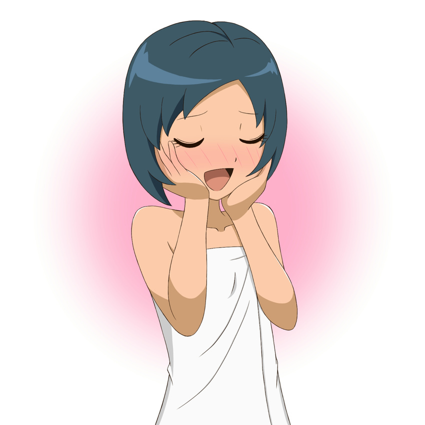 blue_hair blush closed_eyes flat_color hands_on_own_cheeks hands_on_own_face highres inazuma_eleven_(series) inazuma_eleven_go naked_towel open_mouth short_hair solo sorano_aoi to-ya_musium towel upper_body