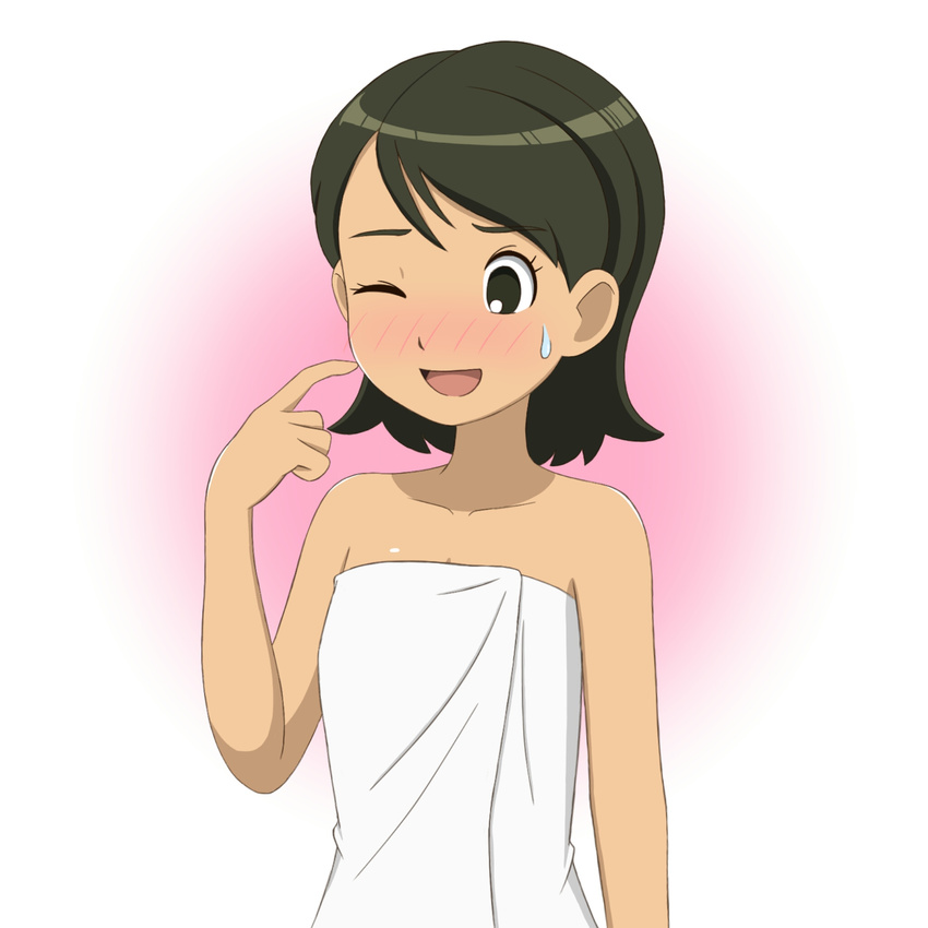 blush flat_color highres inazuma_eleven_(series) inazuma_eleven_go kino_aki naked_towel one_eye_closed open_mouth short_hair solo sweatdrop to-ya_musium towel upper_body