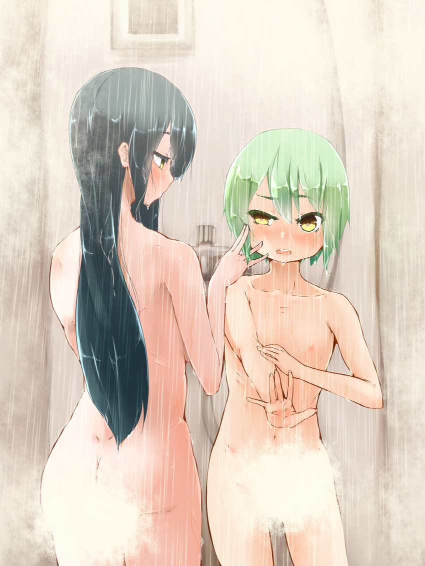 :o ass bathroom black_hair blush butt_crack convenient_censoring corocoma cowboy_shot dimples_of_venus expressionless flat_chest green_hair half-closed_eye hand_in_another's_hair hand_on_own_arm highres holding_arm hose indoors legs_apart long_hair multiple_girls nipples open_mouth original outstretched_arm profile round_teeth shared_shower short_hair showering sidelocks small_nipples standing steam steam_censor tareme teeth touhoku_zunko tsurime vocaloid voiceroid water yellow_eyes yuri