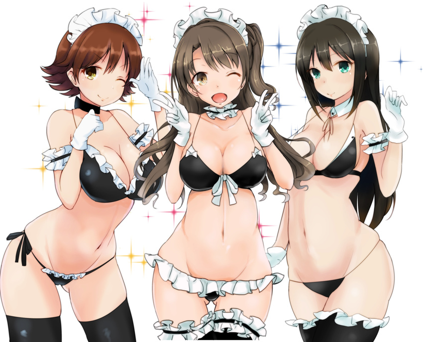 ;) ;d alternate_costume aqua_eyes arm_garter ass_visible_through_thighs bangs bikini black_bikini black_choker black_hair black_legwear blush bow breasts brown_eyes brown_hair choker cleavage collarbone cowboy_shot eyebrows eyebrows_visible_through_hair frilled_choker frills garters girl_sandwich gloves green_eyes groin halterneck highres honda_mio idolmaster idolmaster_cinderella_girls large_breasts leaning_forward long_hair looking_at_viewer maid_bikini maid_headdress microskirt multiple_girls navel new_generations one_eye_closed one_side_up open_mouth ribbon_trim ryuu. sandwiched shibuya_rin shimamura_uzuki short_hair side-tie_bikini skirt smile sparkle star stomach strap_gap swimsuit thigh_gap thighhighs v white_background white_bow white_gloves white_skirt yellow_eyes