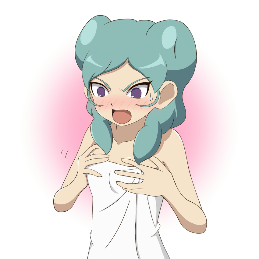 aqua_hair beta_(inazuma_eleven) blush breasts flat_color hands_on_own_chest highres inazuma_eleven_(series) inazuma_eleven_go inazuma_eleven_go_chrono_stone long_hair naked_towel no_pupils open_mouth purple_eyes small_breasts solo sweatdrop to-ya_musium towel upper_body