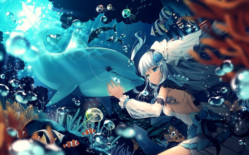 air_bubble anchor aqua_eyes bare_back bow breasts bubble clownfish coral dolphin dress fish flower grey_hair hair_flower hair_ornament jellyfish jewelry long_hair looking_at_another medium_breasts necklace necomi original pearl_necklace scenery seaweed sideboob smile solo underwater wedding_dress