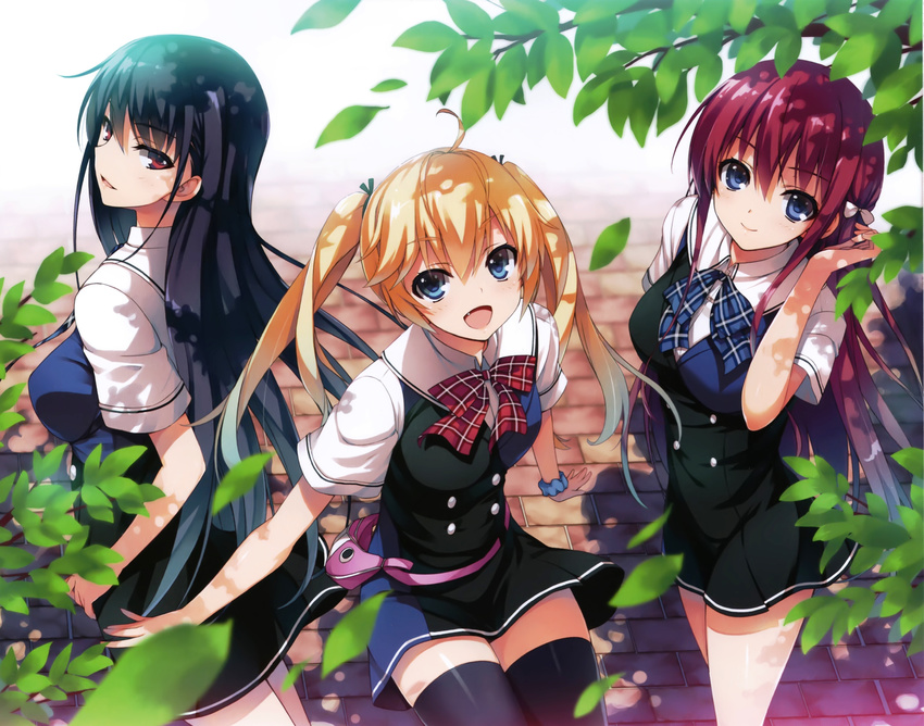 :d absurdres ahoge blonde_hair blue_eyes bow breasts fang grisaia_(series) grisaia_no_kajitsu hair_ribbon highres lips long_hair looking_at_viewer matsushima_michiru medium_breasts multiple_girls open_mouth purple_eyes purple_hair red_hair ribbon sakaki_yumiko scan school_uniform scrunchie shiny shiny_clothes shiny_hair smile suou_amane thighhighs tomose_shunsaku wrist_scrunchie