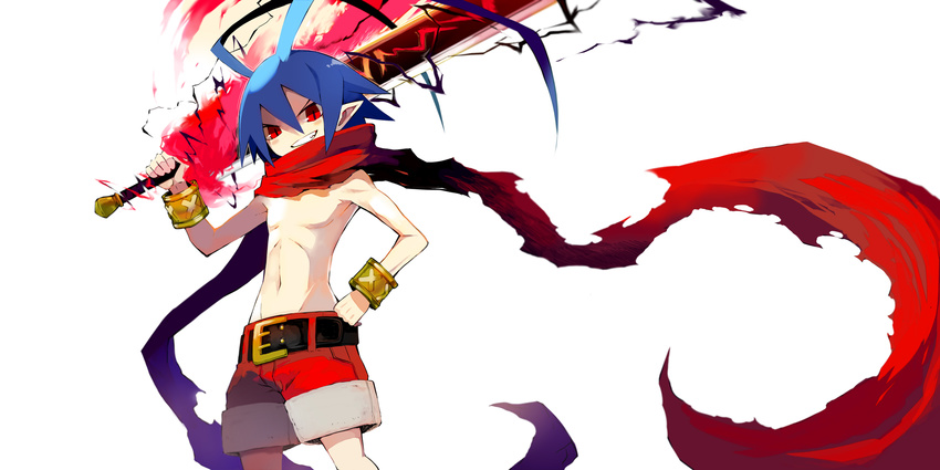 antenna_hair belt blue_hair bracelet disgaea highres jewelry laharl makai_senki_disgaea male_focus pointy_ears red_eyes red_shorts scarf shirtless shorts smile solo sword tokiti weapon