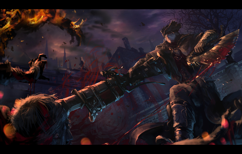 blood bloodborne cloud cloudy_sky commentary_request fire from_below gothic_architecture gun gun_to_head highres hunter_(bloodborne) hunters_cap kaatoso saw_cleaver sky solo_focus spire weapon
