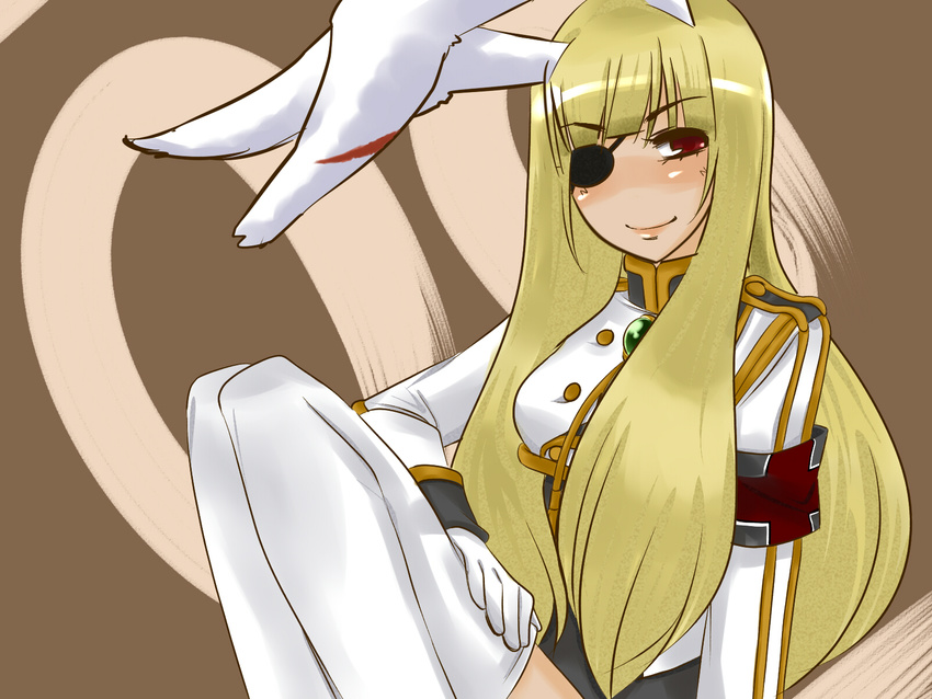 animal_ears armband bad_id bad_pixiv_id blonde_hair bunny_ears chiester00 chiester_sisters eyepatch highres long_hair red_eyes sitting smile solo thighhighs toboshi_ano umineko_no_naku_koro_ni