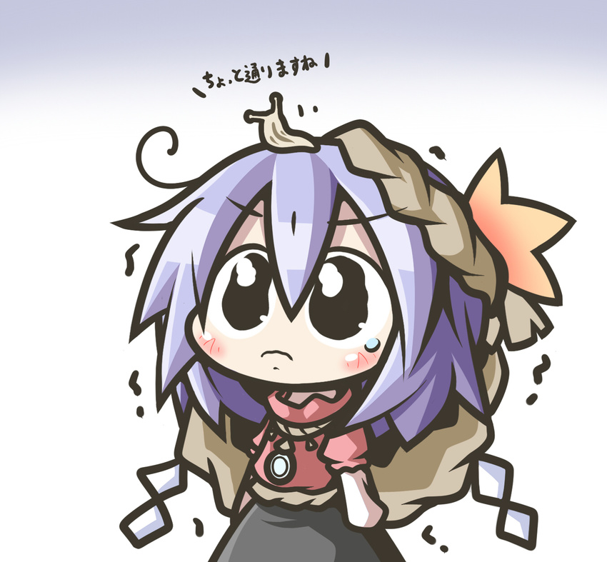 aoblue blue_hair chibi highres object_on_head slug solo tears touhou translated yasaka_kanako