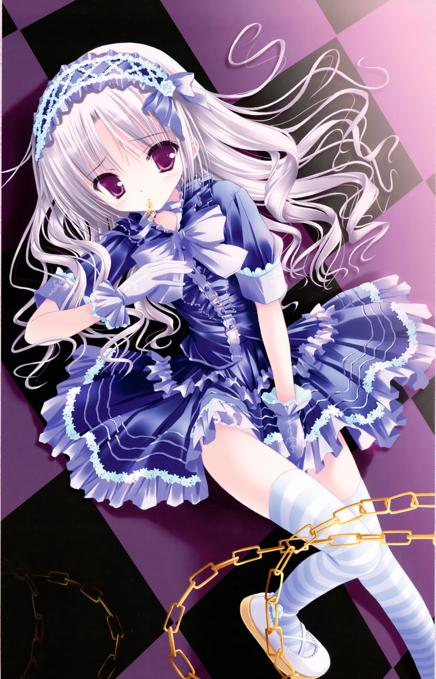 absurdres bangs chain checkered checkered_background curly_hair detexted eyebrows_visible_through_hair frilled_gloves frills gloves hairband highres lolita_hairband long_hair looking_at_viewer lying mouth_hold on_back original purple_eyes scan silver_hair solo striped striped_legwear thighhighs third-party_edit tinker_bell white_gloves zettai_ryouiki