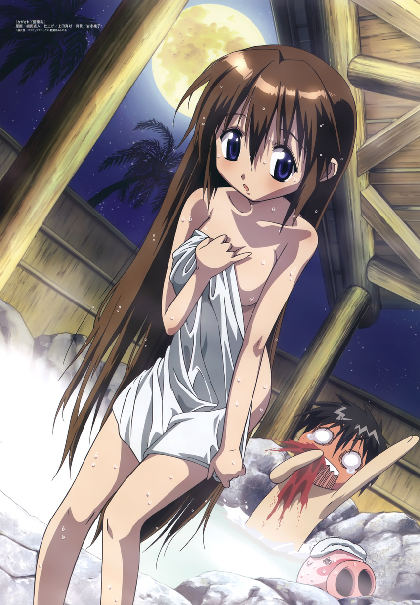 1girl :o @_@ absurdres arm_up bath bathing black_hair blood blue_eyes blush breasts chibi covering dutch_angle embarrassed highres hosoda_naoto long_hair medium_breasts moon nagasarete_airantou naked_towel night night_sky nosebleed nude nude_cover o_o official_art onsen open_mouth outdoors palm_tree pig pinup scan short_hair sky splashing submerged suzu_(nagasarete_airantou) tears teeth tonkatsu_(nagasarete_airantou) touhouin_ikuto towel towel_on_head tree very_long_hair wet white_towel