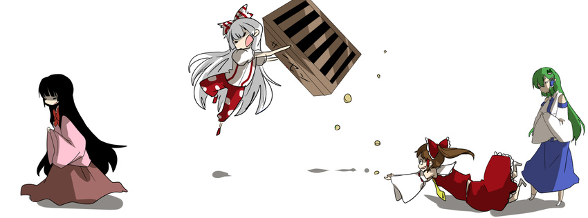 bad_id bad_pixiv_id bare_shoulders black_hair blouse blue_skirt bow box coin cravat detached_sleeves donation_box fujiwara_no_mokou green_hair hair_bow hair_tubes hakurei_reimu houraisan_kaguya kochiya_sanae long_sleeves multiple_girls open_mouth praying pun2 red_bow red_skirt shirt silver_hair simple_background skirt surprised suspenders touhou tripping vest white_background white_shirt white_vest wide_sleeves