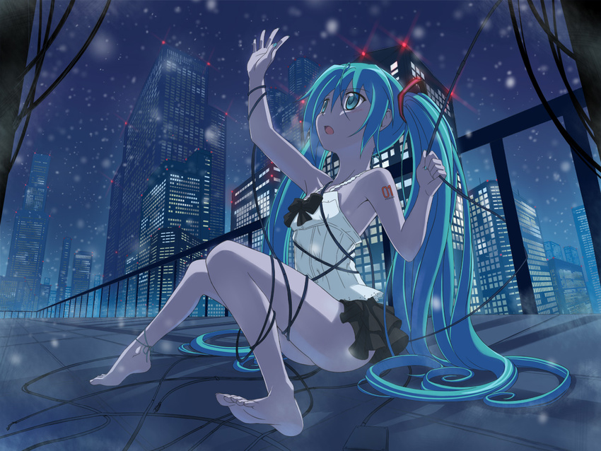 anklet aqua_eyes aqua_hair aqua_nails arm_tattoo arm_up armpits bare_arms bare_legs bare_shoulders barefoot beek black_skirt blurry breath building cable city_lights cityscape cold depth_of_field entangled feet frilled_skirt frills hatsune_miku jewelry legs long_hair looking_up miniskirt nail_polish night open_mouth perspective railing sitting skirt sky snow snowing soles solo star_(sky) starry_sky tattoo toenails toes twintails unfragment_(vocaloid) very_long_hair vocaloid
