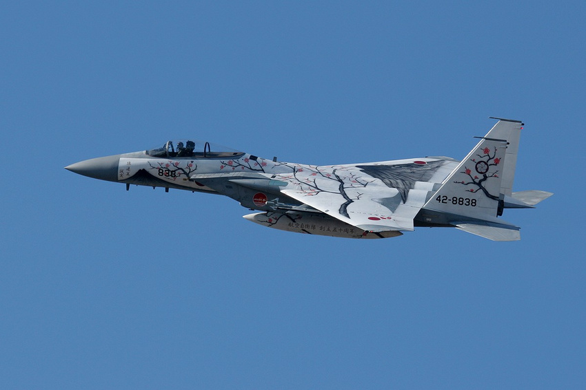 airplane cherry_blossoms f-15 fighter_jet fighter_plane japan japan_air_self-defense_force jet jsdf military photo plane sky