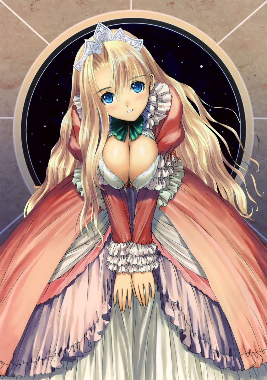 absurdres arcana blonde_hair blue_eyes blush breast_squeeze breasts cleavage dress frills harp_(arcana) head_tilt highres large_breasts leaning_forward long_hair non-web_source smile solo tanaka_takayuki tiara very_long_hair
