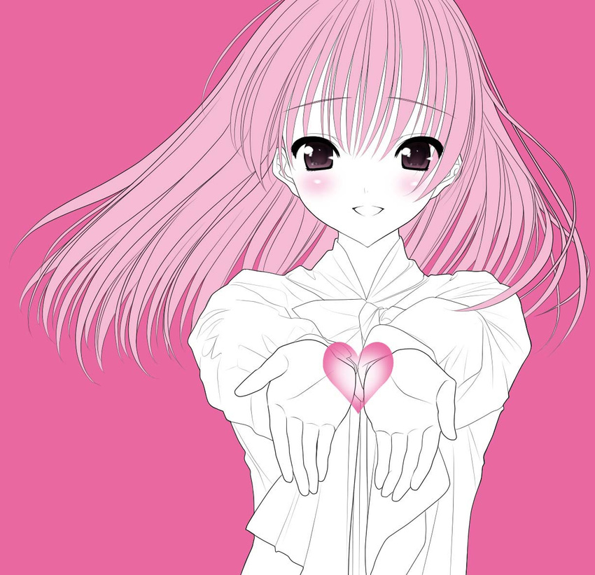 blush face hands heart kisaragi_mizu long_hair monochrome original pink_hair smile solo
