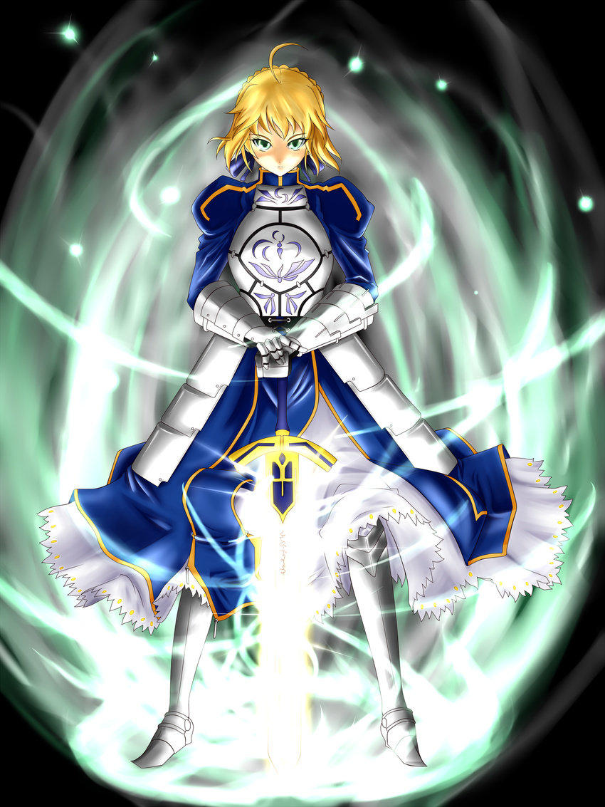 absurdres ahoge armor artoria_pendragon_(all) blonde_hair excalibur fate/stay_night fate_(series) gauntlets glowing glowing_sword glowing_weapon green_eyes highres mayura_90 ribbon saber solo sword weapon wind