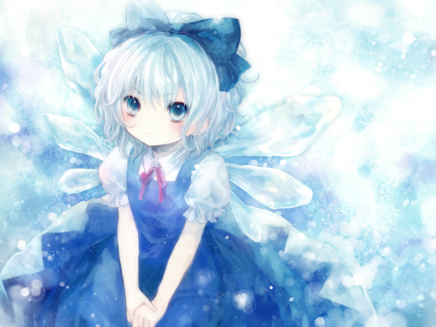 &gt;:) bangs blue_bow blue_dress blue_eyes blue_hair blush bow cirno dress hair_bow highres ice ice_wings large_bow neck_ribbon onineko own_hands_together pale_skin puffy_short_sleeves puffy_sleeves red_ribbon ribbon short_hair short_sleeves smile solo touhou v-shaped_eyebrows v_arms wings