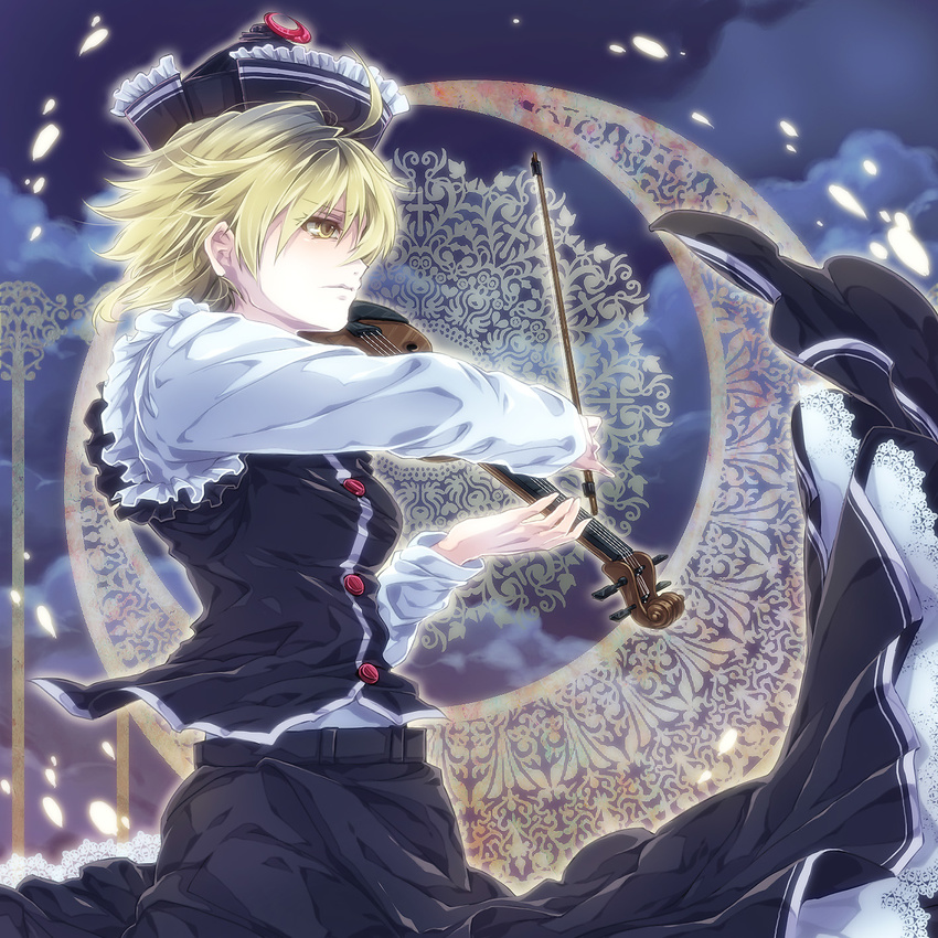 bangs black_hat black_skirt black_vest blonde_hair buttons closed_mouth cowboy_shot crescent frills from_side hat highres instrument lace_trim long_sleeves looking_afar lunasa_prismriver music playing_instrument shirt short_hair skirt solo touhou vest white_shirt wind yellow_eyes yukimichi_(nieko)