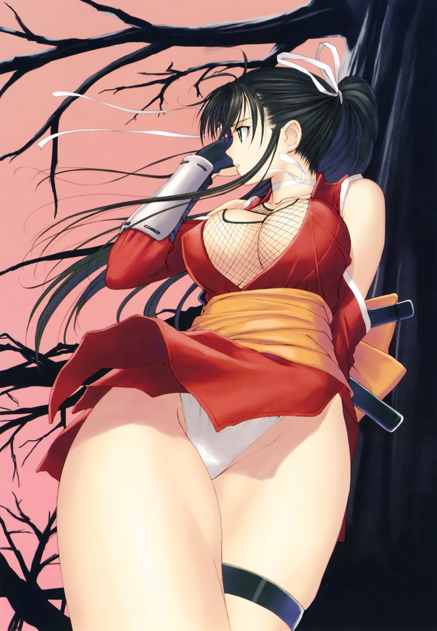 absurdres black_hair bow breasts choker cleavage cleavage_cutout covered_nipples fishnets hair_bow hair_ribbon highres japanese_clothes large_breasts long_hair mitama_~shinobi~ ninja panties pantyshot ponytail ran_(mitama_~shinobi~) ribbon solo tanaka_takayuki thigh_strap thighs underwear white_panties wind wind_lift