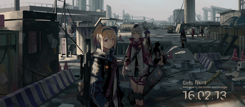 dated english girls_frontline gun hairband high_ponytail highres huanxiang_heitu long_hair md5_mismatch multiple_girls outdoors smile standing sv-98_(girls_frontline) svd_(girls_frontline) traffic_cone weapon