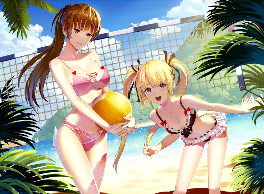 :d aircraft ass_visible_through_thighs ball bangs bare_shoulders beach bikini blonde_hair blue_eyes blue_sky blush boat bow bow_bikini breasts brown_eyes brown_hair cleavage cloud collarbone day dead_or_alive dead_or_alive_xtreme dutch_angle floral_print foliage frilled_bikini frills hair_ornament hair_over_one_eye hair_ribbon heart heart_ring_bottom heart_ring_top helicopter highres hill holding holding_ball kasumi_(doa) leaning_forward long_hair looking_at_viewer marie_rose multiple_girls navel o-ring o-ring_bikini ocean open_mouth outdoors outstretched_arm palm_tree parted_lips pier pink_bikini ponytail ribbon sailboat sand sky small_breasts smile sparkle sunlight swimsuit tree twintails vmax-ver volleyball volleyball_net water watercraft