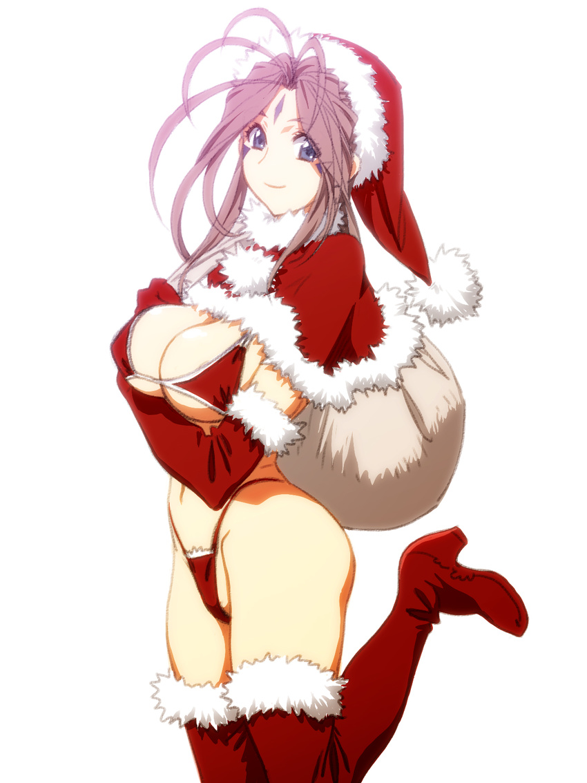 1girl aa_megami-sama antenna_hair ass bag belldandy bikini bikini_top blue_eyes breasts brown_hair carrying christmas cleavage elbow_gloves facial_mark feet forehead_mark fur_trim gloves highres holding joy_division large_breasts legs light_smile long_hair looking_at_viewer mound_of_venus navel on_shoulder santa_costume santa_hat simple_background smile solo standing swimsuit thigh_boots thighs thong white_background