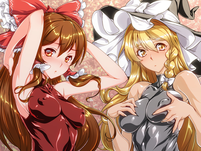 :o armpits arms_up bangs black_hat bow braid breasts brown_hair covered_nipples deep_skin ebido eyebrows eyebrows_visible_through_hair flower frills frown hair_between_eyes hair_bow hair_tubes hakurei_reimu hands_on_own_chest hat hat_bow hat_ribbon kirisame_marisa large_breasts long_hair looking_at_viewer multiple_girls parody red_bow red_eyes ribbon rose self_fondle side_braid sideboob single_braid skin_tight sleeveless taimanin_(series) taimanin_suit touhou turtleneck upper_body white_bow white_flower white_rose yellow_eyes