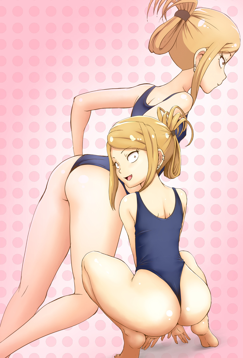 1girl alternate_hairstyle ass back bare_shoulders blonde_hair breasts brown_eyes dagashi_kashi earrings endou_saya_(dagashi_kashi) fang from_behind jewelry leotard long_hair looking_at_viewer looking_back one-piece_swimsuit one_piece_swimsuit open_mouth piercing ponytail shiny shiny_hair shiny_skin sideboob smile solo squatting swimsuit thong thong_leotard tof