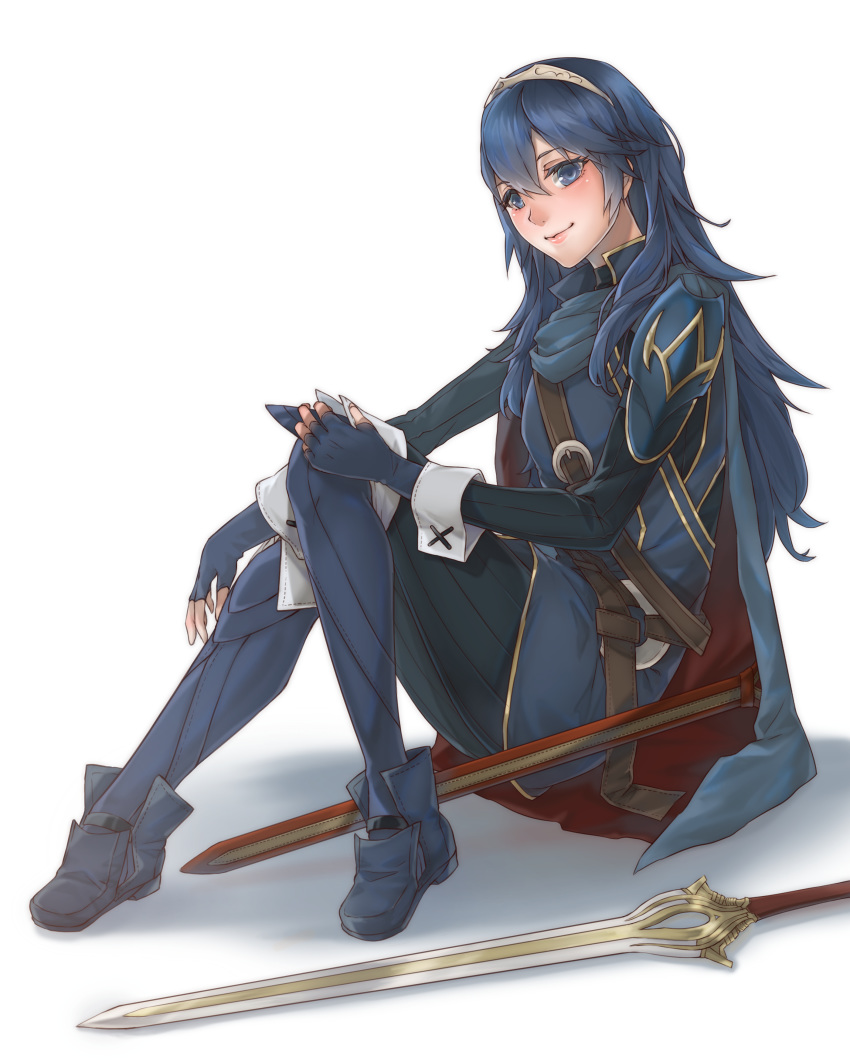 1girl absurdres blue_dress blue_eyes blue_footwear blue_hair cape closed_mouth commentary_request dress falchion_(fire_emblem) fingerless_gloves fire_emblem fire_emblem:_kakusei fire_emblem_heroes gloves hair_between_eyes highres lucina midori_matsui nintendo sheath shoulder_armor sitting smile strap super_smash_bros. tiara wrist_cuffs