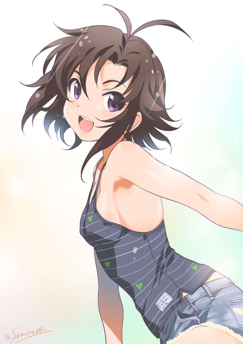 :d antenna_hair blush breasts brown_hair camisole casual denim denim_shorts heart highres idolmaster idolmaster_(classic) inoue_sora kikuchi_makoto no_bra open_mouth purple_eyes short_hair short_shorts shorts sideboob small_breasts smile solo strap_gap twitter_username