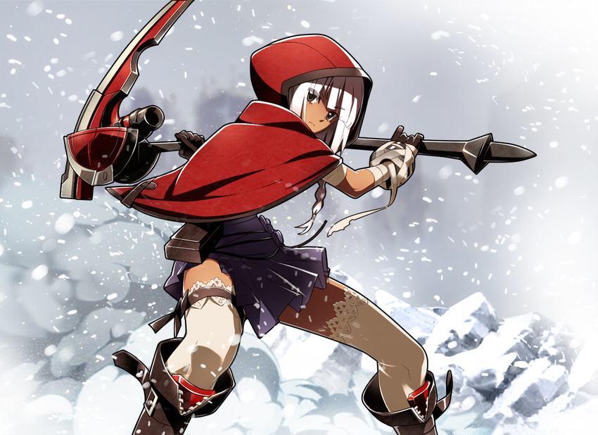 artist_request bangs belt_boots black_footwear blunt_bangs boots dress gloves god_eater god_eater_2:_rage_burst holding holding_weapon hood knee_boots lace lace-trimmed_thighhighs livie_collet red_hood scythe snow solo squatting thighhighs weapon white_hair