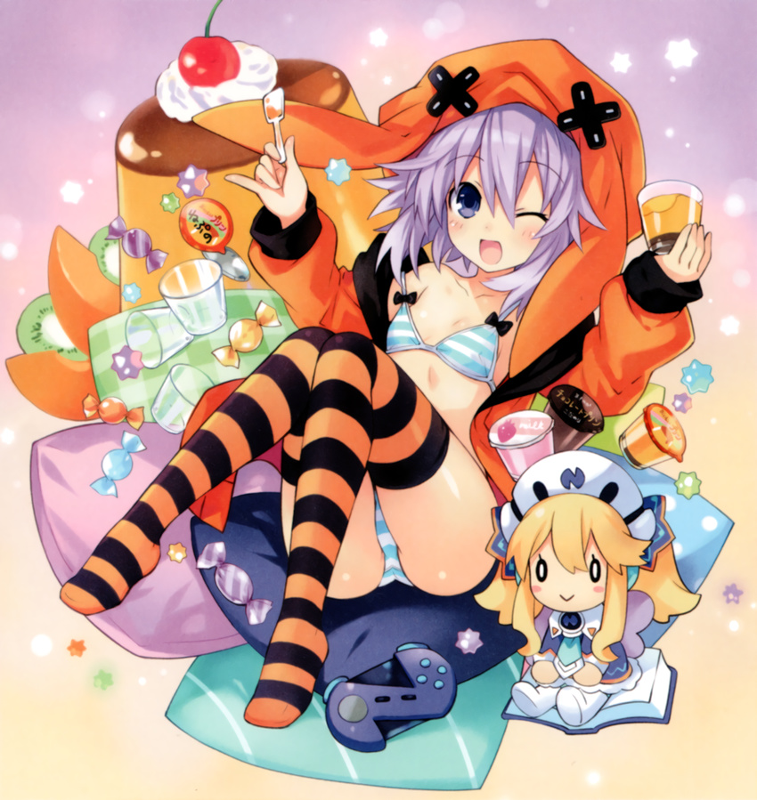 1girl :&gt; ;d absurdres animal_hood bangs blonde_hair blush_stickers book bow bow_bra bra candy cherry chibi controller cup d-pad disposable_cup dress drinking_glass eating food fruit full_body game_controller gradient gradient_background hair_between_eyes hat highres histoire holding holding_cup holding_spoon hood hoodie kiwifruit knees_together_feet_apart long_sleeves melon necktie neptune_(choujigen_game_neptune) neptune_(series) no_pants no_shoes official_art one_eye_closed open_book open_clothes open_hoodie open_mouth panties pantyshot pillow pinky_out pudding purple_eyes purple_hair short_hair sidelocks sitting size_difference smile solo source_request spoon strap_slip striped striped_bra striped_legwear striped_panties sweets tsunako underwear whipped_cream wings