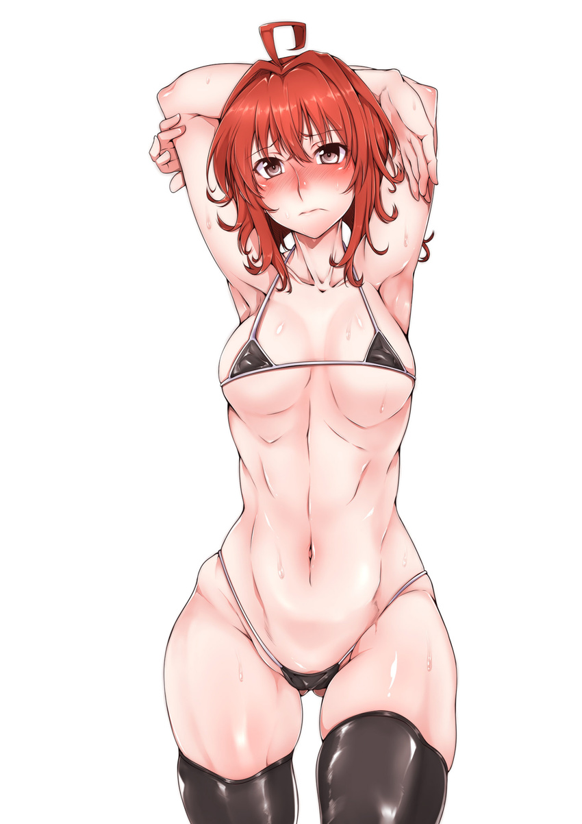 ahoge arashi_(kantai_collection) armpits arms_up ass_visible_through_thighs bikini black_bikini black_legwear blush breasts collarbone covered_nipples cowboy_shot frown gggg groin hair_between_eyes hair_intakes head_tilt highres kantai_collection looking_at_viewer medium_breasts micro_bikini navel red_eyes red_hair shiny shiny_clothes short_hair sideboob simple_background skindentation solo standing stretch sweat sweatdrop swimsuit tareme thick_thighs thighhighs thighs thong_bikini toned underboob white_background wide_hips
