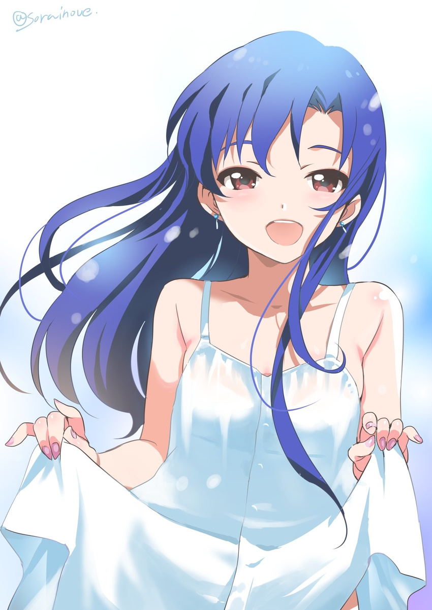 :d blue_hair blush curtsey dress flat_chest highres idolmaster idolmaster_(classic) inoue_sora kisaragi_chihaya long_hair looking_at_viewer open_mouth purple_eyes signature smile solo sundress twitter_username