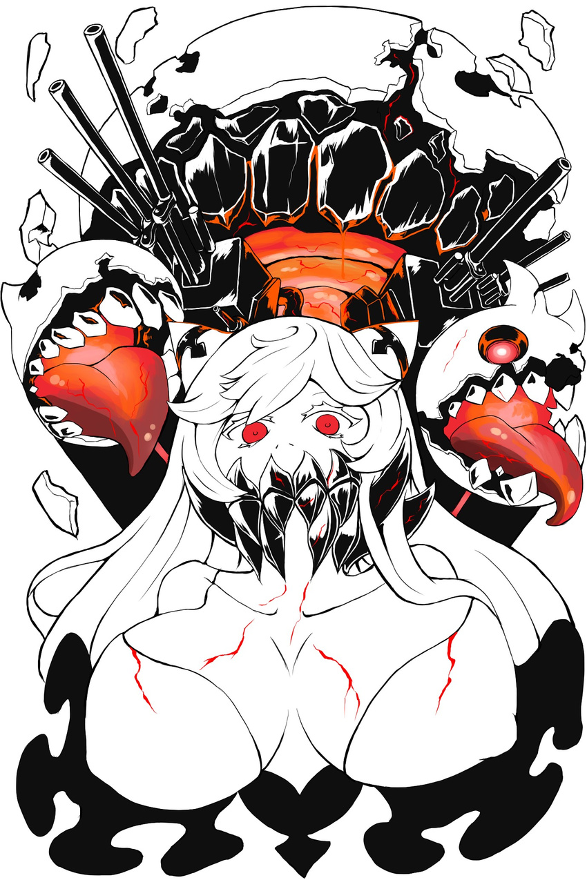 breasts cannon cleavage collar commentary covered_mouth enemy_aircraft_(kantai_collection) highres horns huge_breasts kantai_collection long_hair looking_at_viewer midway_hime monochrome red_eyes shinkaisei-kan spiked_collar spikes teeth tongue tongue_out veins white_eyelashes white_hair yilan_un