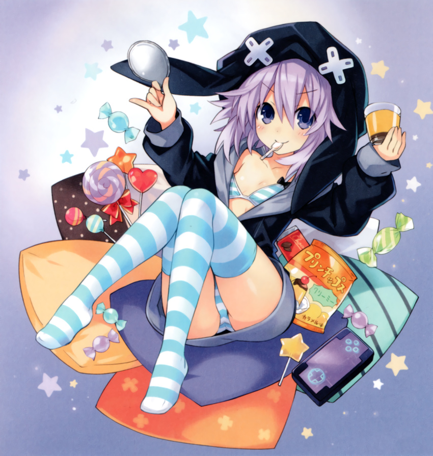 &gt;:) absurdres animal_hood bangs blue_background bow bow_bra bra candy d-pad eating food full_body hair_between_eyes handheld_game_console highres hood hoodie knees_together_feet_apart lollipop long_sleeves mouth_hold neptune_(choujigen_game_neptune) neptune_(series) no_pants no_shoes official_art open_clothes open_hoodie panties pantyshot pillow pinky_out pudding purple_eyes purple_hair shaped_lollipop short_hair smile solo source_request spoon_in_mouth star striped striped_bra striped_legwear striped_panties sweets swirl_lollipop tsunako underwear v-shaped_eyebrows