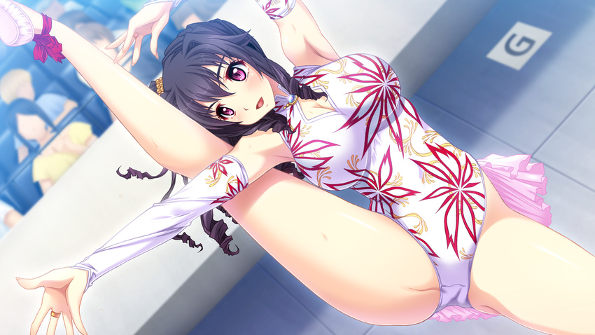 1girl armpits bare_shoulders black_hair breasts cleavage cleavage_cutout drill_hair game_cg gokkun_athlete!_kyonyuu_medalist_no_oshaburi_kyouka_gasshuku gymnastics large_breasts legs_up leotard long_hair mieri_route open_mouth purple_eyes smile solo spread_legs standing_on_one_leg
