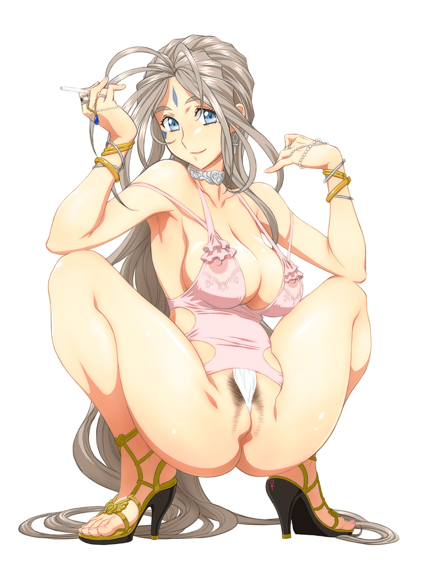 1girl aa_megami-sama antenna_hair areolae armpits ass bare_legs bare_shoulders belldandy blue_eyes bracelet breasts choker cigarette cleavage cleft_of_venus collarbone earrings facial_mark feet forehead_mark grey_hair high_heels highres jewelry joy_division large_breasts legs light_smile lingerie long_hair looking_at_viewer lots_of_jewelry mound_of_venus nipples panties pubic_hair pussy ring see-through simple_background smile smoking solo squatting thighs toes uncensored underwear very_long_hair wedding_ring wedgie white_background white_panties