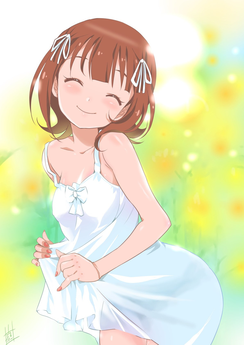 ^_^ amami_haruka bare_shoulders blush brown_hair closed_eyes dress facing_viewer hair_ribbon head_tilt highres idolmaster idolmaster_(classic) inoue_sora leaning_forward nail_polish ribbon see-through_silhouette short_hair smile solo sundress white_dress