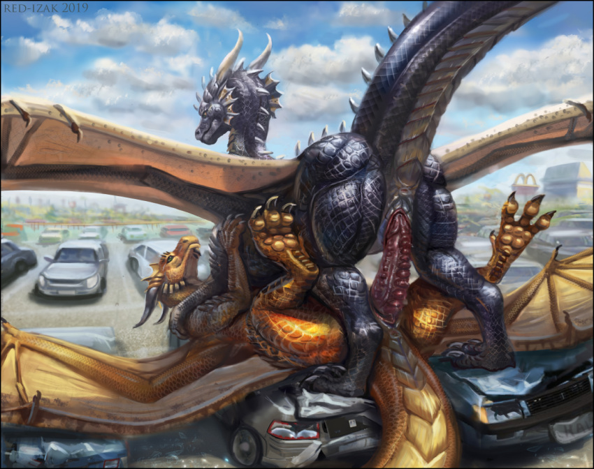 2019 3_toes black_scales brown_scales car claws cowgirl_position crush detailed detailed_background digital_media_(artwork) digitigrade dragon duo eigengrau erection eye_contact female feral feral_on_feral lying male male/female male_penetrating membranous_wings on_back on_top parking pawpads paws penetration penis pussy pussy_juice red-izak ric'axoarrth scales scalie sex toes vaginal vaginal_penetration vehicle western_dragon wings