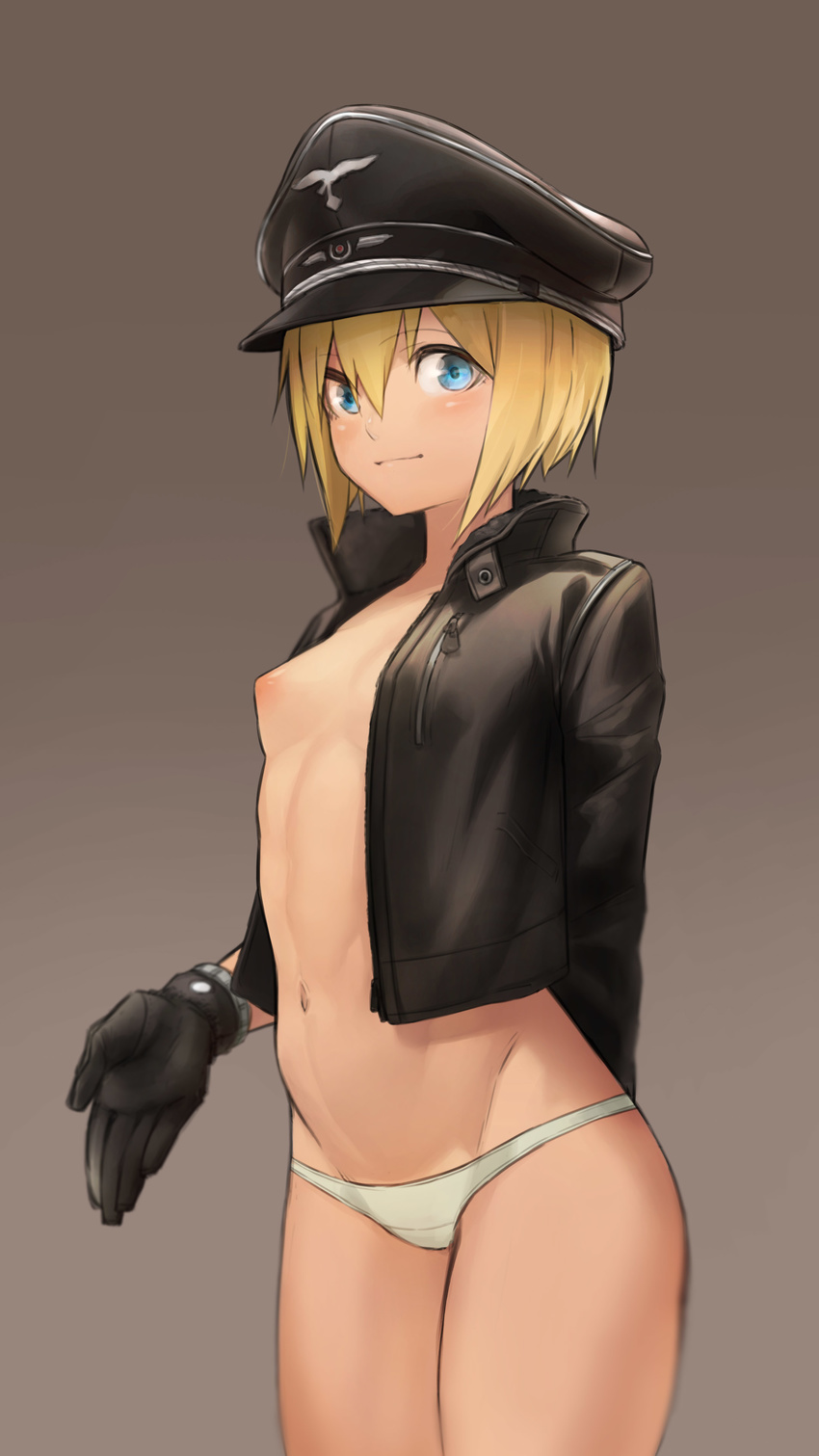absurdres aqua_eyes arm_behind_back bangs black_gloves black_jacket blonde_hair blue_eyes blush breasts commentary_request cowboy_shot cropped_jacket erica_hartmann gloves grey_background hair_between_eyes hat highres jacket kirii leather leather_jacket long_sleeves looking_at_viewer military_hat navel nipples no_bra no_pants open_clothes open_jacket panties peaked_cap short_hair simple_background small_breasts smile solo strike_witches underwear white_panties world_witches_series