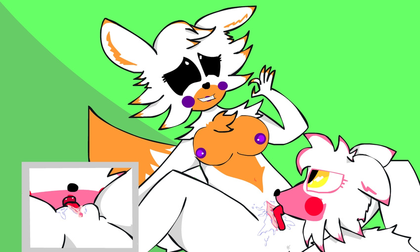 2016 animatronic anthro breasts canine clitoris cunnilingus digital_media_(artwork) duo e-01_(artist) female five_nights_at_freddy's five_nights_at_freddy's_2 five_nights_at_freddy's_world fox fur hair hi_res lolbit_(fnaf) machine mammal mangle_(fnaf) nipples nude oral pussy robot sex simple_background smile spread_legs spreading tongue vaginal video_games