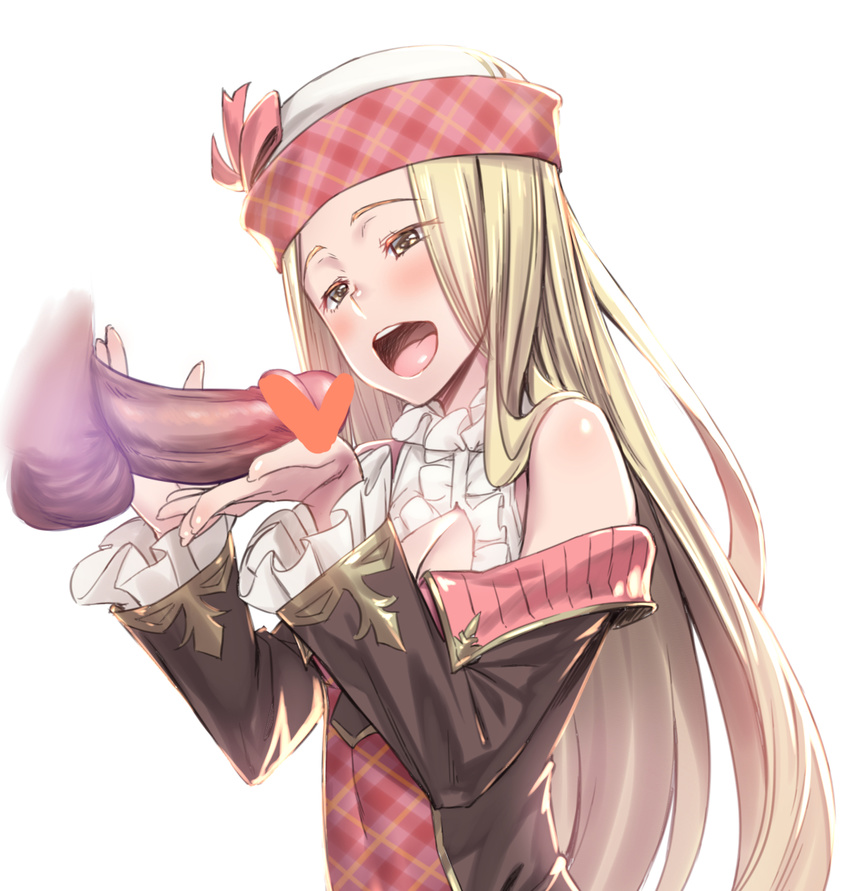 bare_shoulders blonde_hair blush breasts caress censored cleavage cleavage_cutout diola_(granblue_fantasy) granblue_fantasy h_kasei hat heart heart_censor hetero long_hair open_mouth penis penis_awe purple_skin small_breasts smile solo_focus tongue white_background yellow_eyes