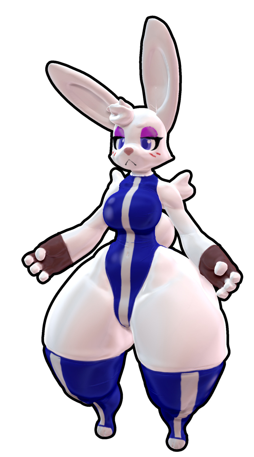 3d_(artwork) anthro blue_eyes blush breasts cgi clothing cupcake_(oriole) digital_media_(artwork) female fingerless_gloves frown fur gloves half-closed_eyes hi_res lagomorph mammal rabbit simple_background solo thick_thighs white_background white_fur wide_hips xopachi