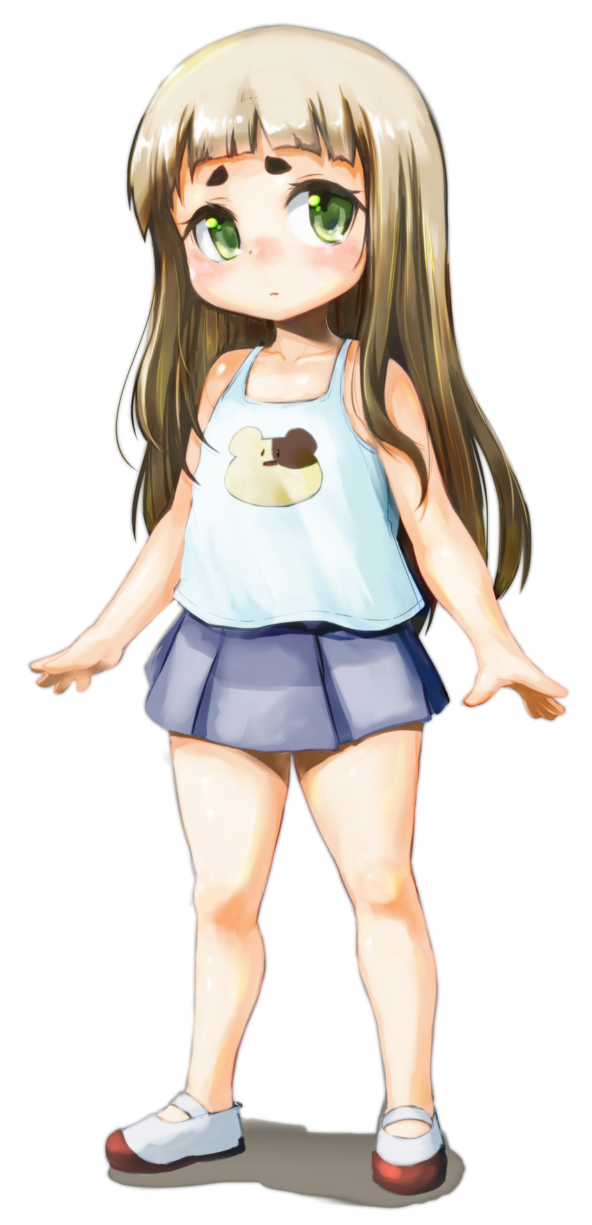 absurdres banubeefriends brown_hair camisole child collarbone expressionless green_eyes highres long_hair looking_at_viewer mary_janes no_socks original shoes skirt solo standing white_background