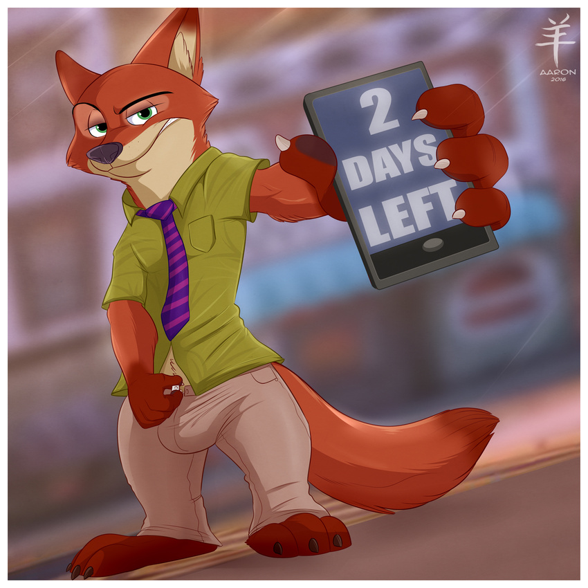 aaron_(artist) anthro barefoot border brown_fur bulge canine cellphone claws clothing disney dutch_angle foreshortening fox fur green_eyes grin hi_res looking_at_viewer male mammal naughty_face necktie nick_wilde pants phone purple_nose shirt signature solo standing teasing teeth text toe_claws unzipping white_fur zootopia