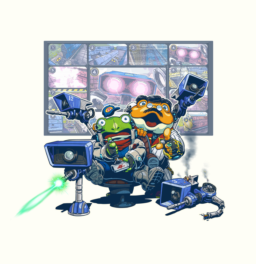 absurd_res amphibian anthro black_hair blue_eyes boots chair clothing duo eyewear facial_hair fingerless_gloves footwear frog glasses gloves grippy_toad hair hat hi_res jacket jewelry machine male mustache necktie nintendo official_art open_mouth ring robot scarf short_hair sitting slippy_toad star_fox toad video_games weapon